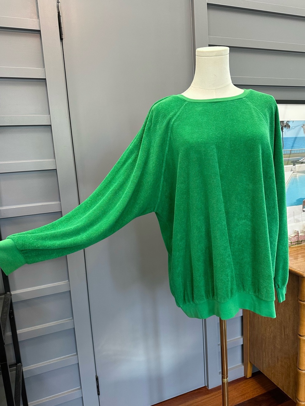 NWT Suzie Kondi French Terry Cloth “Jelly Bean” Green Samos Pullover Sweater
